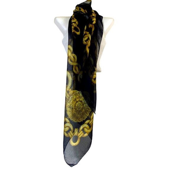 Large Vintage Sheer Gold Chain Print Scarf Navy Blue Y2k‎ Luxury Glam Hip Hop - Picture 1 of 4